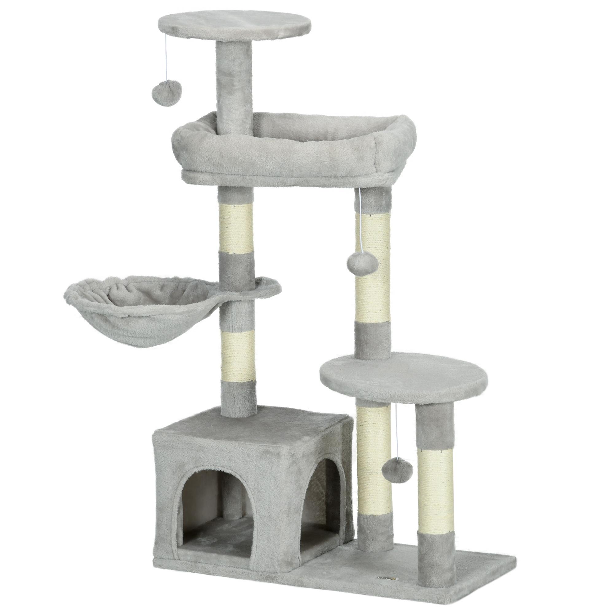Arranhador para Gatos com Postes Arranhadores de Sisal Cova Plataformas e Bolas Suspensas 65x30x104 cm Cinzento Claro