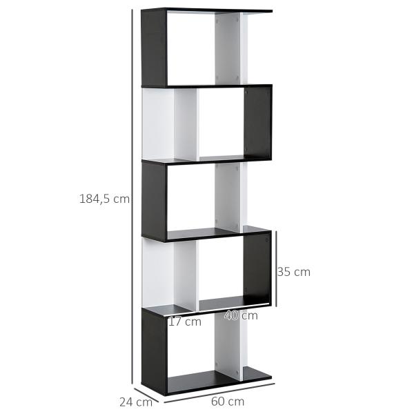 Estante para Livros Estante Alta de Parede com 5 Níveis em Forma de S Desenho Moderno 60x24x184,5 cm Branco e Preto