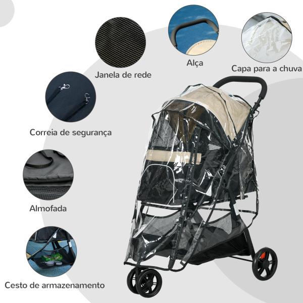Carrinho para Cães Dobrável para Cães Pequenos com Cesta de Armazenamento Janela de Malha Capa para Chuva 80,5x51,5x100 cm Caqui