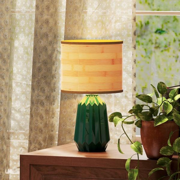 Candeeiro de Mesa com Base de Cerâmica e Ecrã de Linho Estilo Retro com Interruptor E27 40W Verde e Madeira