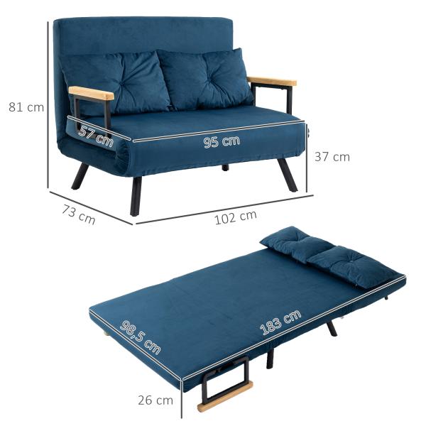 Sofá Cama Sofá Convertível em Cama de 2 Lugares Dobrável com Encosto Ajustável em 5 Níveis e 2 Almofadas 102x73x81 cm Azul