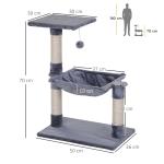 Árvore Arranhador para Gatos Torre para Gatos 50x36x70 cm com Rede Plataforma Poste de Sisal e Bola Suspensa Cinza