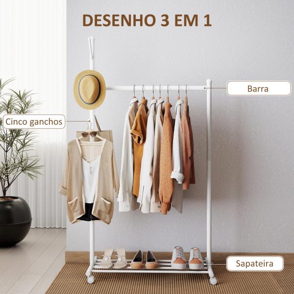 Charriot com Rodas 5 Ganchos Barra para Pendurar e Prateleira Inferior 86x43x171 cm Branco