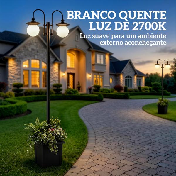 Candeeiro Solar de Exterior com Vaso 2 Cabeçais Impermeável IP44 Ligação Automática Altura Ajustável