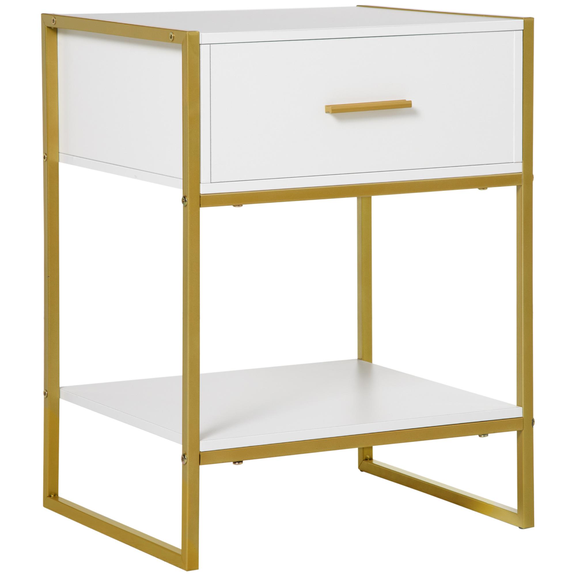 Mesa de Cabeceira Mesa Auxiliar com 1 Gaveta e Prateleira de Armazenamento para Dormitórios Sala de Estar Escritório Estilo Moderno 45x40x60cm Branco