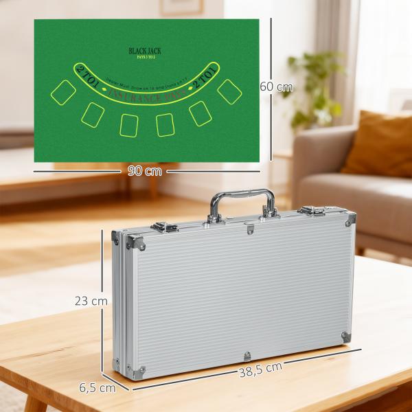 Conjunto de Póquer Profissional com 300 Fichas de 11,5 g 2 Baralhos de Cartas 5 Dados Tapete e Botão de Crupiê para 7 - 8 Jogadores com Fechadura Prata