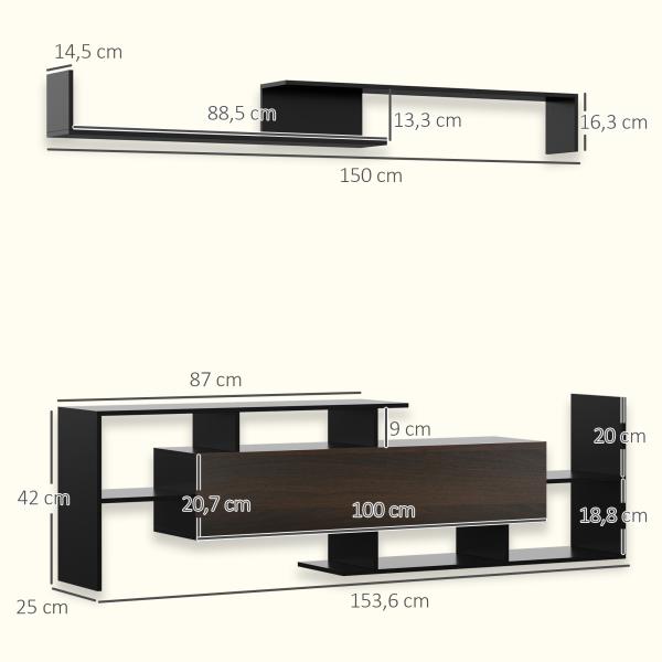 Móvel de TV Moderno Móvel para Televisores 153,6x25x42cm e Prateleira de Parede 150x14,5x16,3 cm Preto
