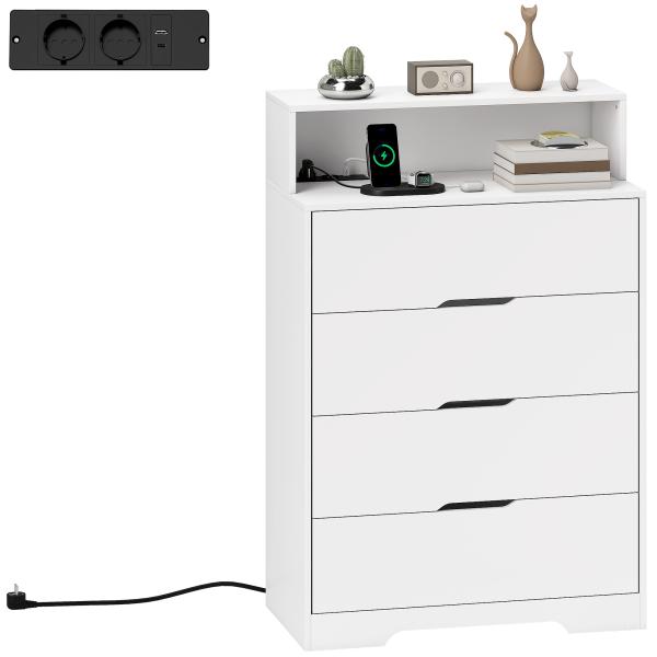 Cómoda com 4 Gavetas e Estação de Carregamento com Porta USB Porta USB - C Prateleira Aberta 80x40x120 cm Branco
