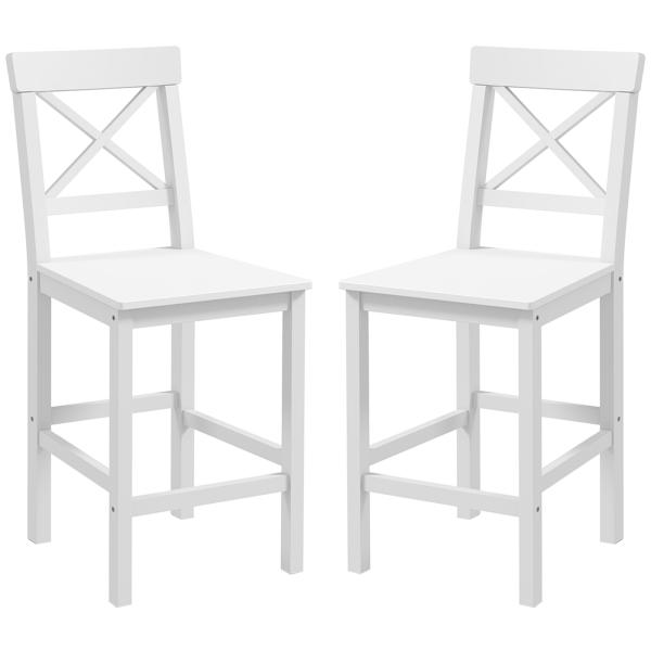 Conjunto de 2 Bancos Altos de Cozinha Bancos de Bar de Madeira com Apoio para os Pés e Encosto Cruzado Carga Máxima 120 kg Branco