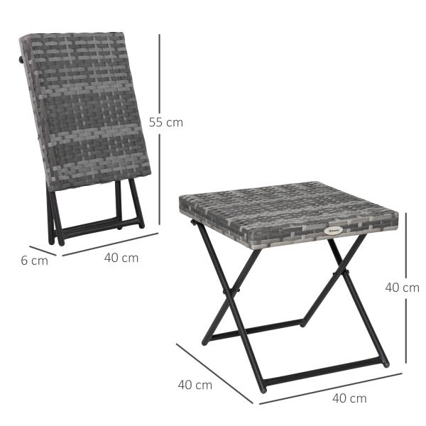 Mesa de Jardim em Vime Sintético Mesa Dobrável com Pés Cruzados e Estrutura de Aço para Pátio Varanda 40x40x40 cm Cinza