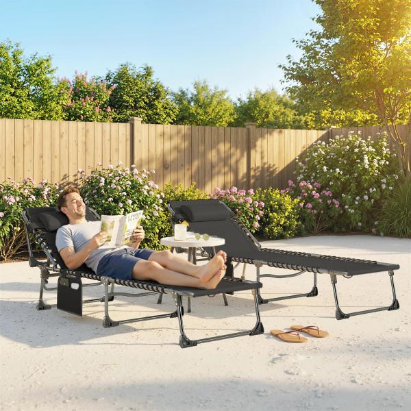 Conjunto de 2 Espreguiçadeiras Jardim Dobráveis com Apoio de Cabeça e Encosto Reclinável em 5 Posições 200x57x38 cm Preto