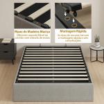 Cama de Casal 140x190 cm com Arrumação Elevatória, Estrutura com Estrado Estofada em Linho Cinzento