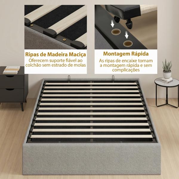 Cama de Casal 140x190 cm com Arrumação Elevatória, Estrutura com Estrado Estofada em Linho Cinzento