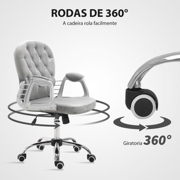 Cadeira de Escritório Estofada em Veludo Cadeira Giratória com Altura Ajustável e Decorações de Cristal 59,5x60,5x95 - 105 cm Cinzenta