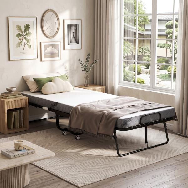 Cama Dobrável 200x90x42,5cm Cama de Campismo Portátil com Colchão Individual Rodas e Freios Carga Máxima 150kg para Dormitórios Branco