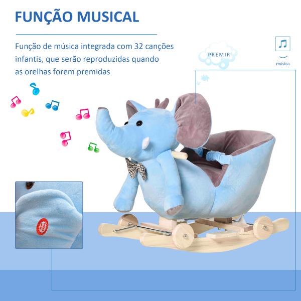 Cavalo Baloiço com Rodas e Forma de Elefante com Músicas Infantis e Cinto de Segurança 60x35x45 cm Azul
