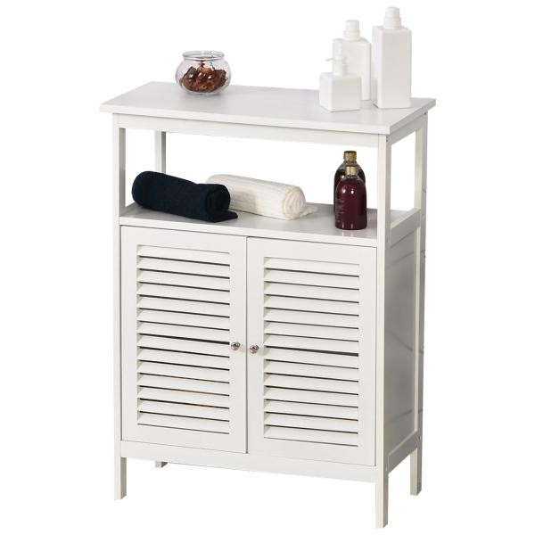 Armário Casa de Banho com 2 Portas Persianas e Compartimento Aberto Desenho Moderno 60x30x81,6 cm Branco