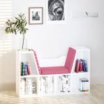 Estante Infantil com Assento Estante com 6 Cubos e Banco com Almofada 102x30x61cm Branco e Rosa