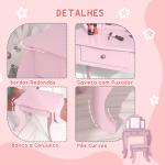 Toucador Infantil de Madeira com Banco e Espelho de Acrílico de 2 Seções Mesa de Maquilhagem Infantil 63x40x85,5 cm Rosa
