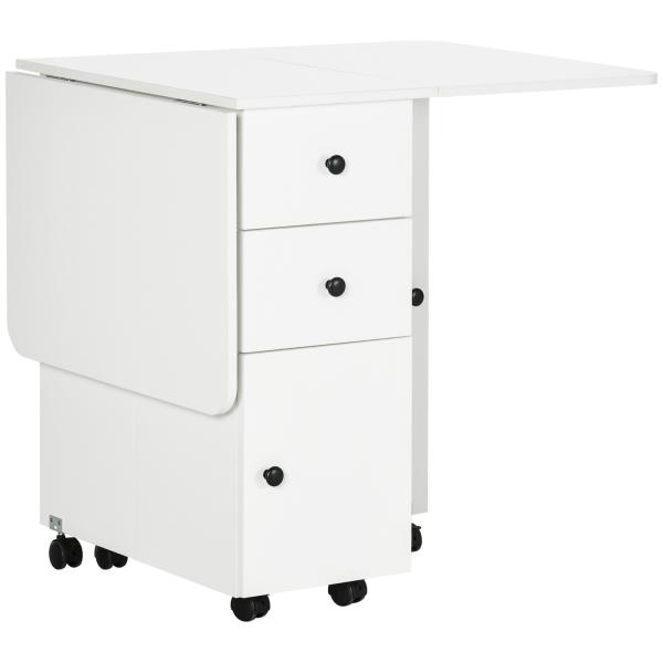 Mesa Dobrável c/ 2 Gavetas e Rodas para Jantar Mesa Auxiliar Multifuncional 120x60x76,5cm Branco