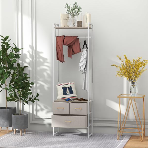 Suporte para Cabides com 3 Gavetas de Tecido Barra para Pendurar e Prateleira para Entrada Quarto 58,5x30x178 cm Natural