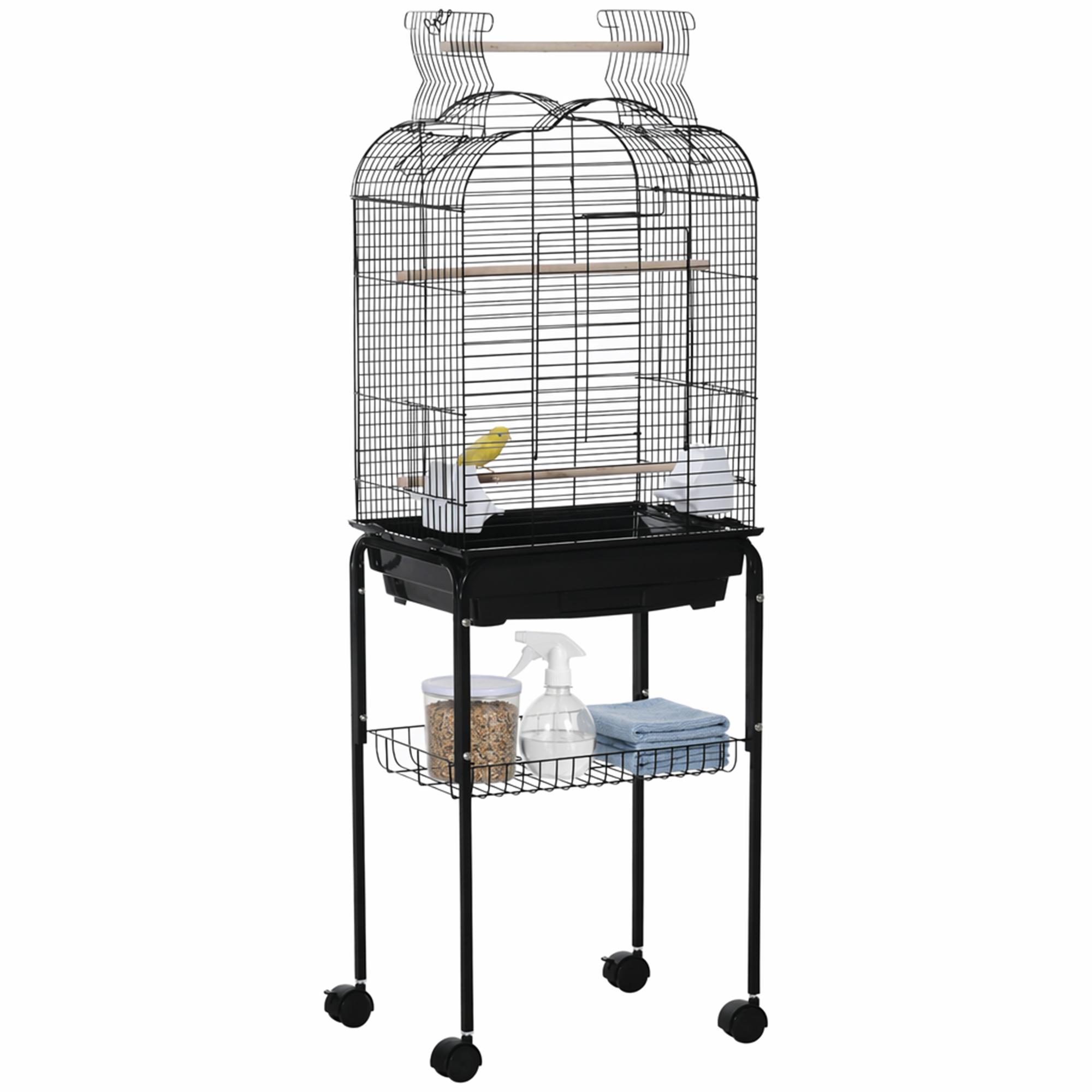 Gaiola para Passáros com Suporte Gaiola com 4 Rodas Teto com Abertura 2 Comedouros 3 Poleiros Bandeja Removível e Prateleira Inferior 46x36x130 cm Preto