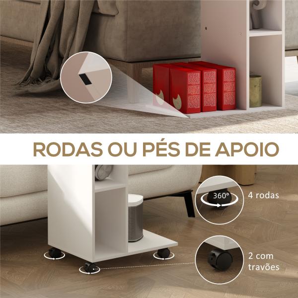 Mesa Auxiliar em Forma de C Mesa Auxiliar para Sofá com Rodas Compartimentos Abertos 40x30x69 cm Branco
