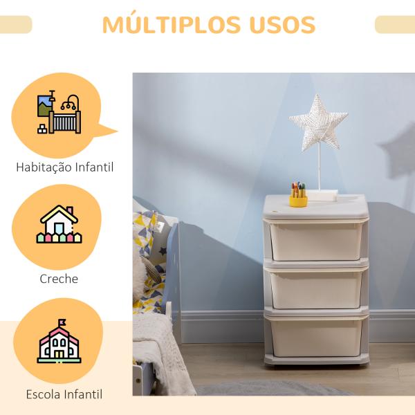 Organizador de Brinquedos para Crianças com 3 Gavetas Arrumação para Brinquedos Roupas Livros 37x37x56,5 cm Bege