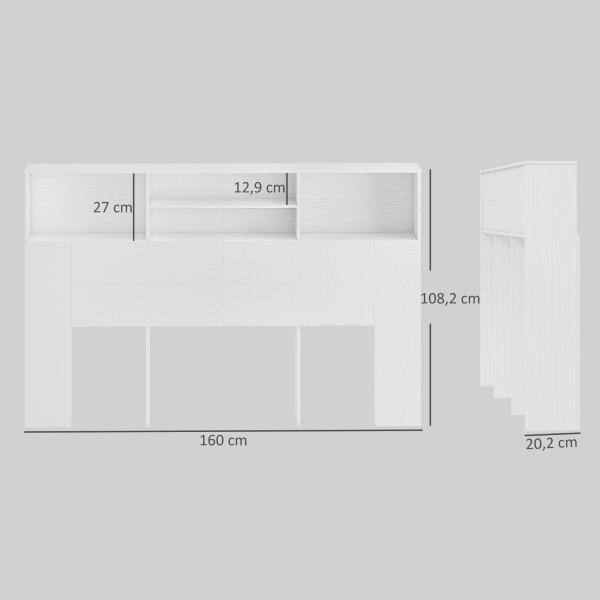 Cabeceira de Cama 160 cm com Arrumação e 4 Compartimentos Abertos para Quarto, Branco
