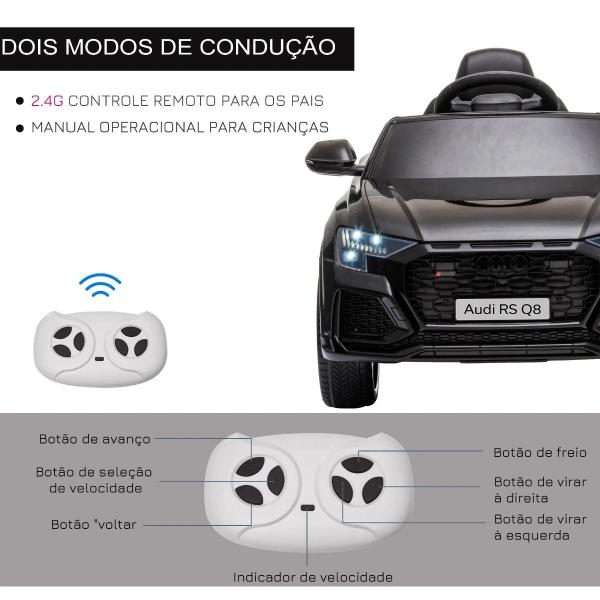 Carro Elétrico Infantil para Crianças de 3 - 5 Anos Licença Audi RS Q8 com Bateria 6V Controle a Distância Música MP3 Buzina e Luzes Velocidade Máx. 3km/h 101x62x51cm Preto