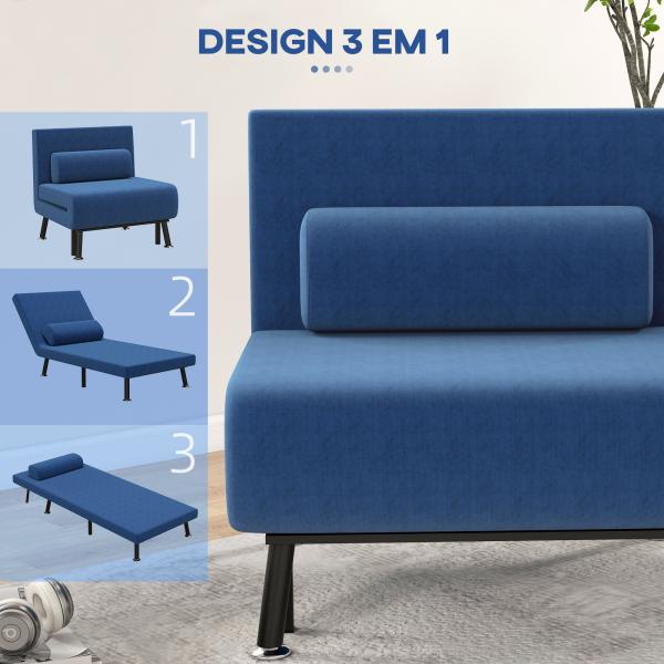 Sofá Cama Individual Dobrável com Encosto Ajustável em 5 Níveis Almofada e Estofado em Linho Sintético 75x70x75 cm Azul