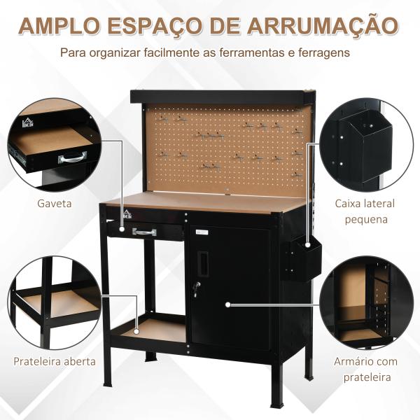 Bancada de Trabalho 98,5x48x140 cm Mesa de Trabalho com Painel Perfurado Gaveta Prateleira e Armário com Fechadura Preto