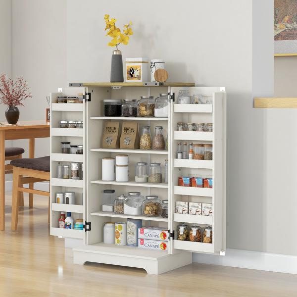 Armário Despensa de Cozinha com 2 Portas, 16 Prateleiras e Prateleira Ajustável para Sala de Jantar ou Sala de Estar 60x40x104 cm Creme