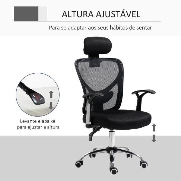 Cadeira de Escritório Ergonômica Cadeira de Escritório Giratória com Altura Ajustável Função Reclinável Apoio para a Cabeça e Suporte Lombar 65x67x108 - 118cm Preto