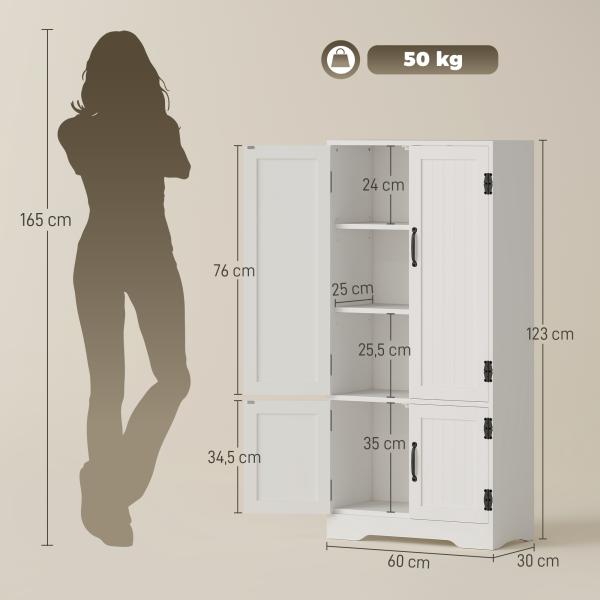 Armário de Cozinha Alto Móvel Auxiliar com 4 Portas e Prateleiras Ajustáveis 60x30x123 cm Branco