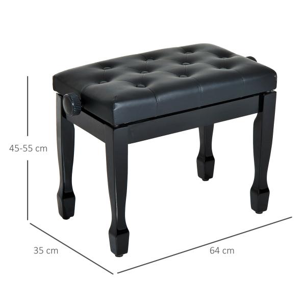 Banco de Piano Altura Ajustável Assento de Couro Sintético Pernas em Madeira 64x35x55 cm Preto