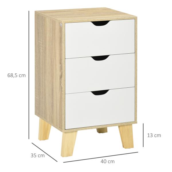 Mesa de Cabeceira com 3 Gavetas para Dormitório Sala de Estar Estilo Moderno Anti - Tombo 40x35x68,5cm Madeira e Branco
