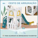 Escorrega Infantil 4 em 1 para Crianças com Cesto de Basquetebol Telescópio Escalador e Espaço de Arrumação 70x177x92 cm Amarelo e Verde