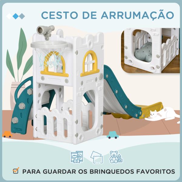 Escorrega Infantil 4 em 1 para Crianças com Cesto de Basquetebol Telescópio Escalador e Espaço de Arrumação 70x177x92 cm Amarelo e Verde