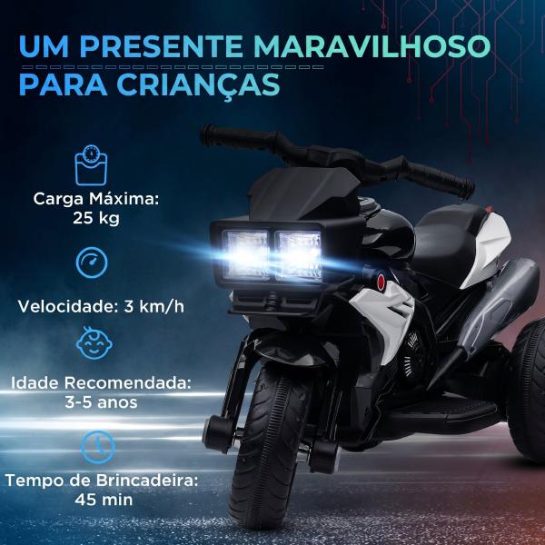 Motocicleta Elétrica Infantil com 3 Rodas para Crianças acima de 3 anos Bateria 6V com Luzes e Música 86x42x52 cm Branco
