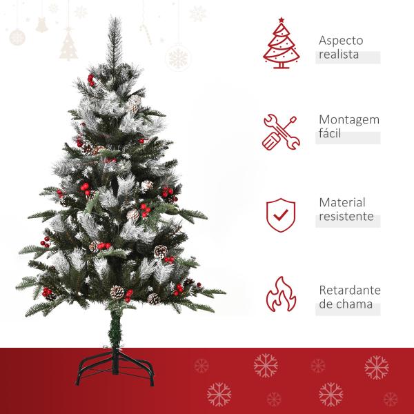 Árvore de Natal Artificial 120cm com 239 Ramas 27 Pinhas e 27 Frutinhas Folhas de PVC PE Base Dobrável e Suporte Metálico Decoração de Natal para Interiores Verde