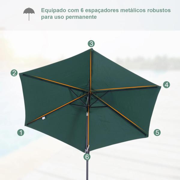Chapéu de Sol de Jardim Ø270x235cm Chapéu de Sol de Alumínio Reclinável com Manivela e 6 Hastes para Terraço Exterior Balcão Verde