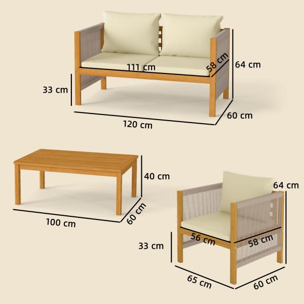Conjunto de Móveis de Jardim de 4 Peças com Sofá de 2 Lugares 2 Poltronas Mesa de Madeira Almofadas e Corda de PP Madeira e Bege