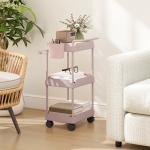 Carrinho Auxiliar com Rodas de 3 Níveis com Cestos Extraíveis Suporte para Toalhas e Estrutura de Metal 42x42,5x76 cm Rosa