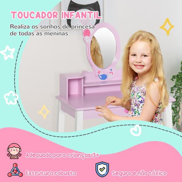 Toucador Infantil com Banco e Espelho Mesa de Maquilhagem Infantil Estilo Princesa de Madeira 59x39x92cm Rosa
