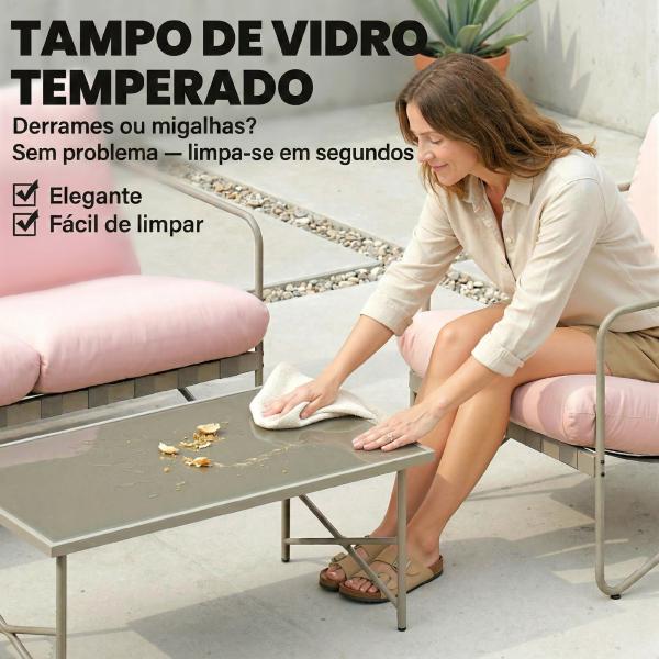 Conjunto de Jardim de 4 Peças com Sofá de 2 Lugares 2 Poltronas Mesa de Vidro Temperado e Almofadas Grossas para Terraço Rosa