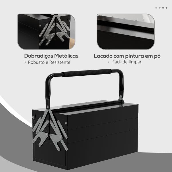Caixa de Ferramentas de Aço Dobrável com 5 Compartimentos Mala de Ferramentas com Pega para Oficina e Casa 45x20x34,5 cm Preto