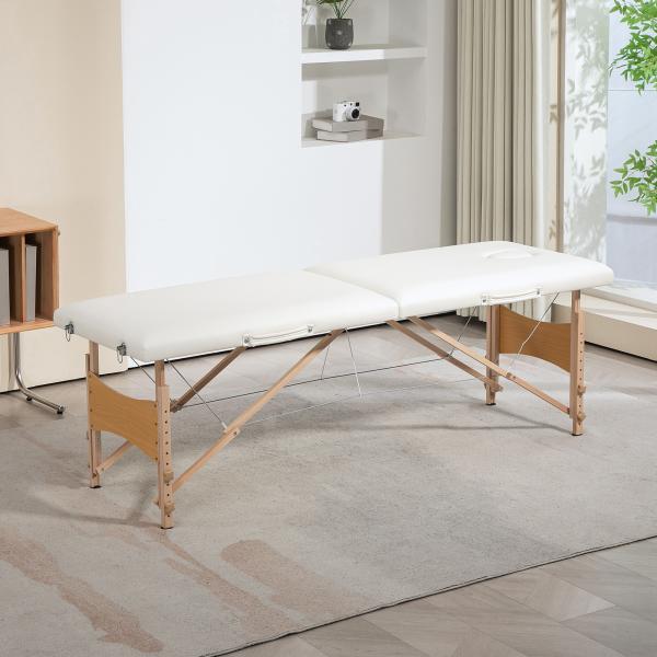 Marquesa de Massagem Dobrável com Estrutura em Madeira, Altura Ajustável e Bolsa de Transporte, 186x60x61 - 87 cm, Creme