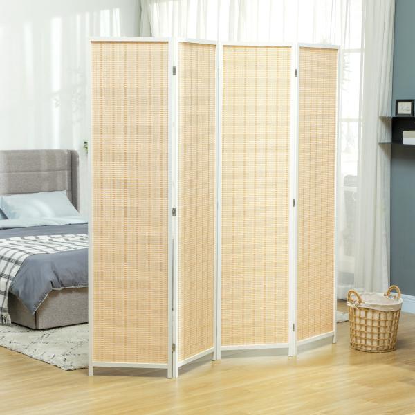 Biombo de 4 Painéis Dobrável Separador de Ambientes Tecido a Mão de Bambu e Fio de Algodão 180x180 cm Branco