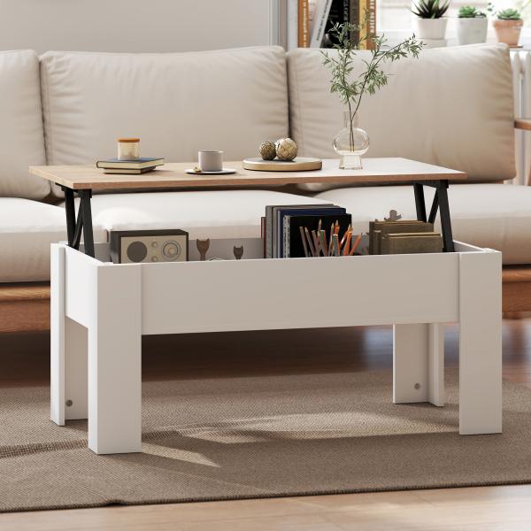 Mesa de Centro com Bancada Elevatória Compartimento Aberto e Oculto 100x50x45 - 58,5 cm Branco e Madeira